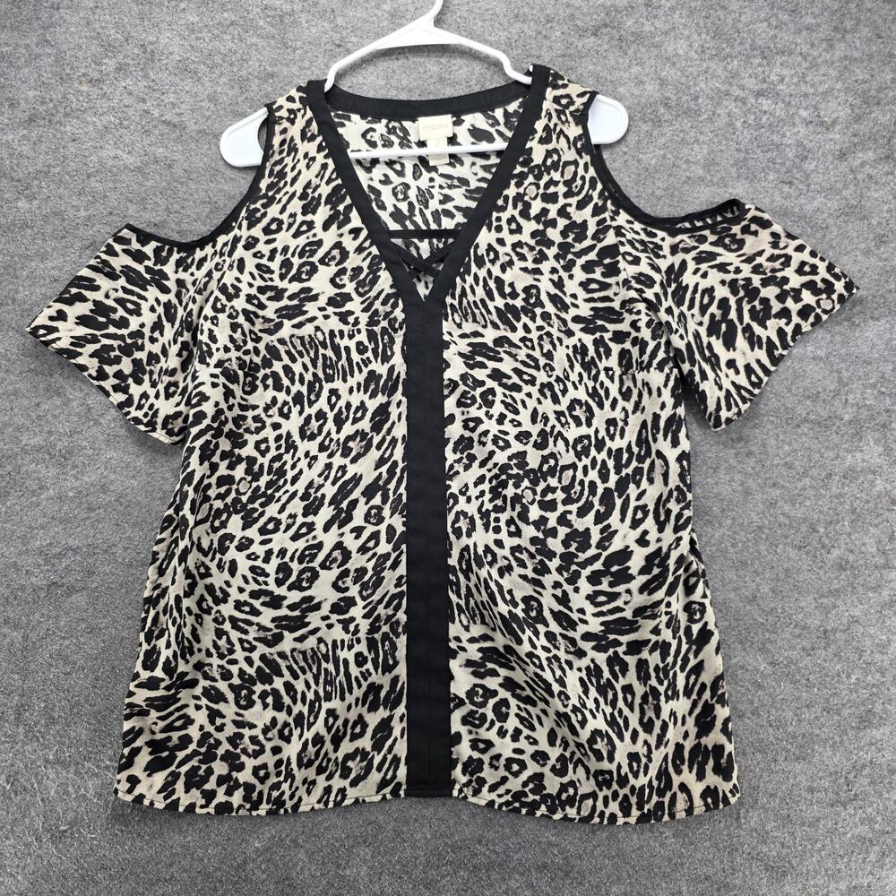 Chicos Shirt Womens 2 Animal Print Cold Shoulder V Neck Short Sleeve Blouse Top